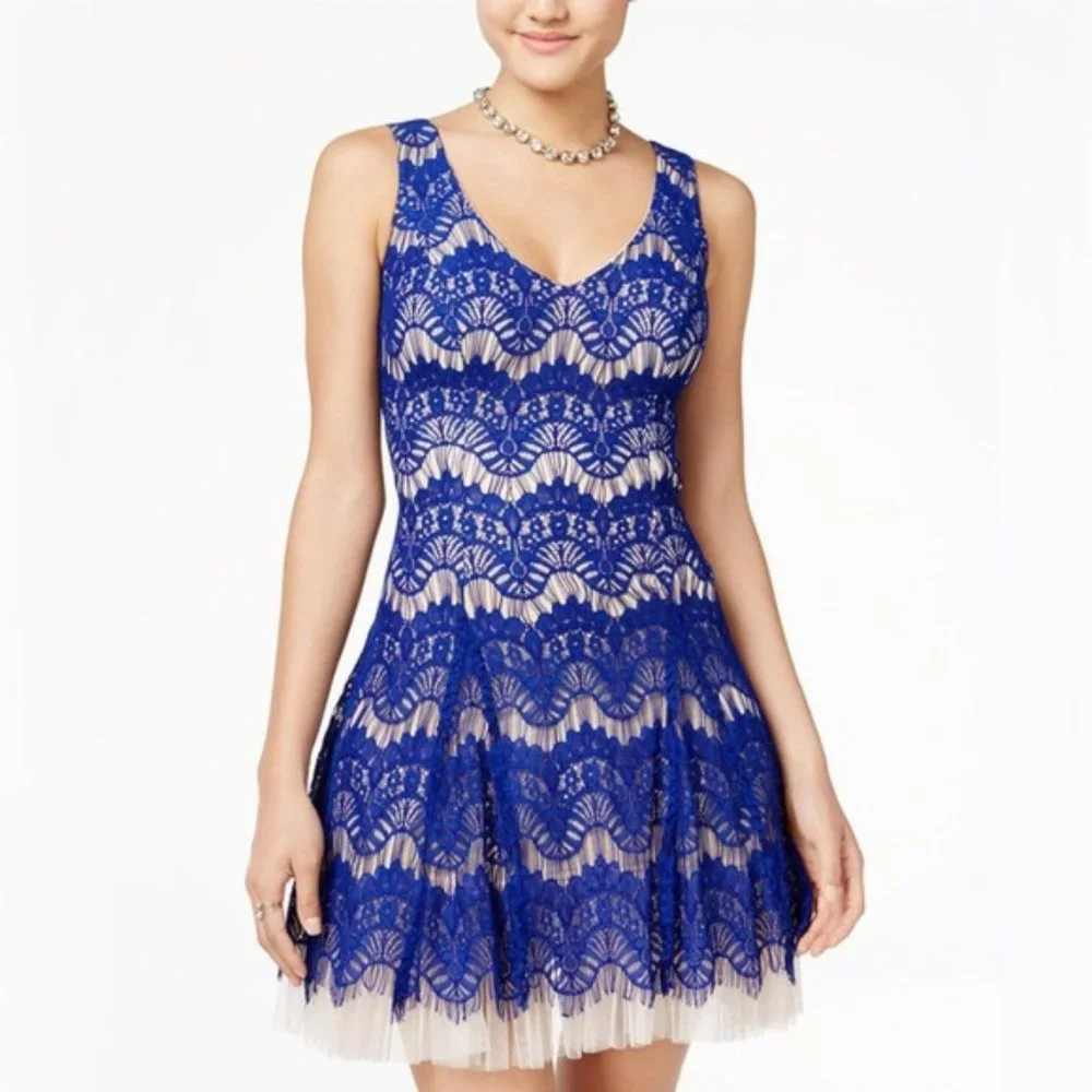 NWT B. DARLIN Royal Blue Fit Flare Lace Dress 7 Jr elegant prom party dress - Picture 1 of 5